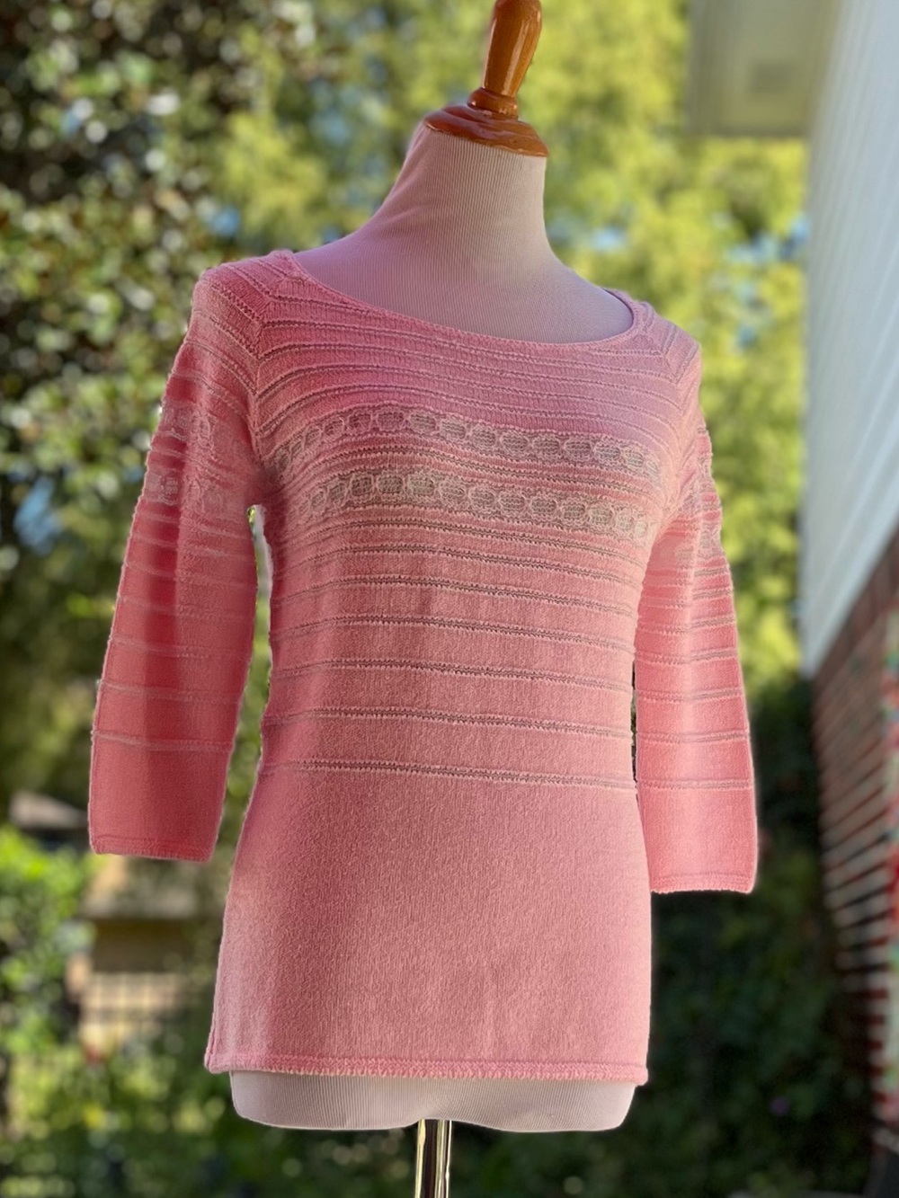 AVALIN Vintage Lace Knit Sweater Feminine Pink 3/4 Sleeve Stretch